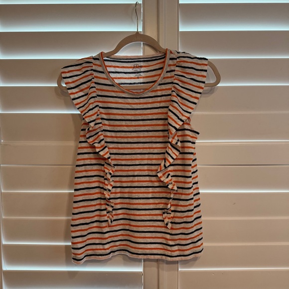 J Crew Striped Linen Tee with Ruffle White Navy Orange Size XS - Picture 2 of 4